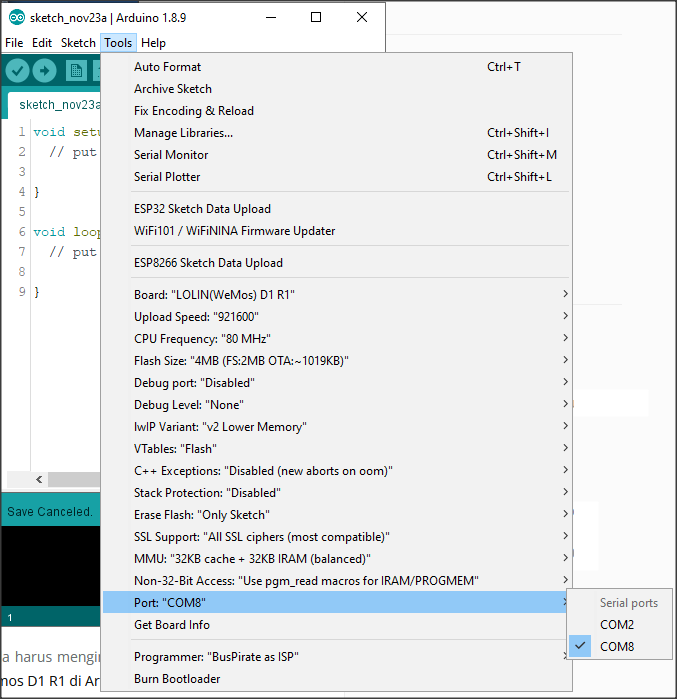 arduino ide select port