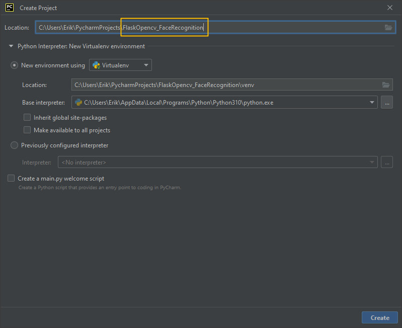 new pycharm project