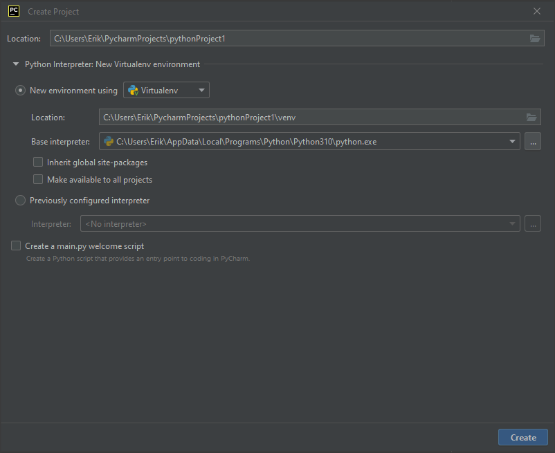 pycharm ide create new project