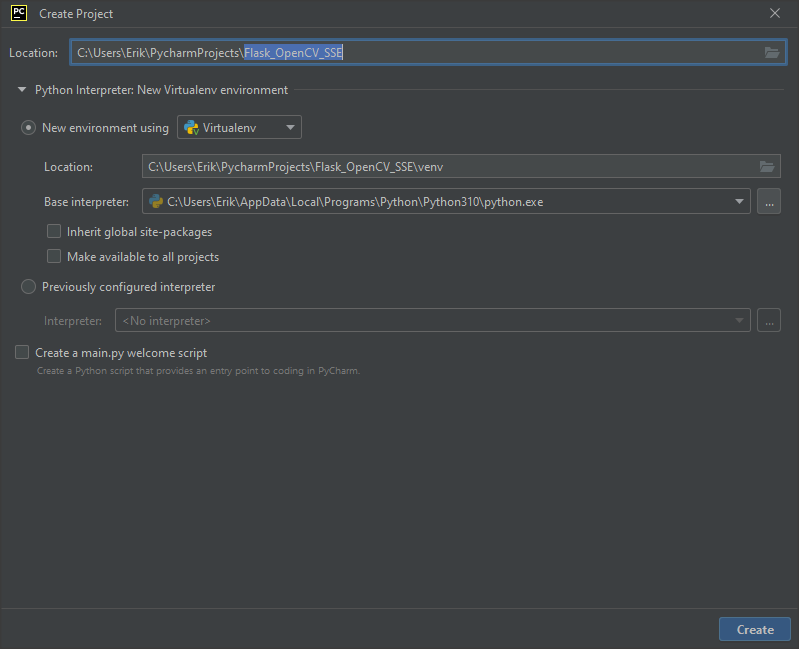 pycharm ide create new project