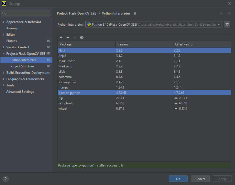 flask opencv successfull install from pycharm ide