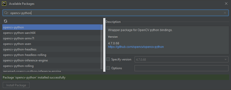 install opencv from pycharm ide